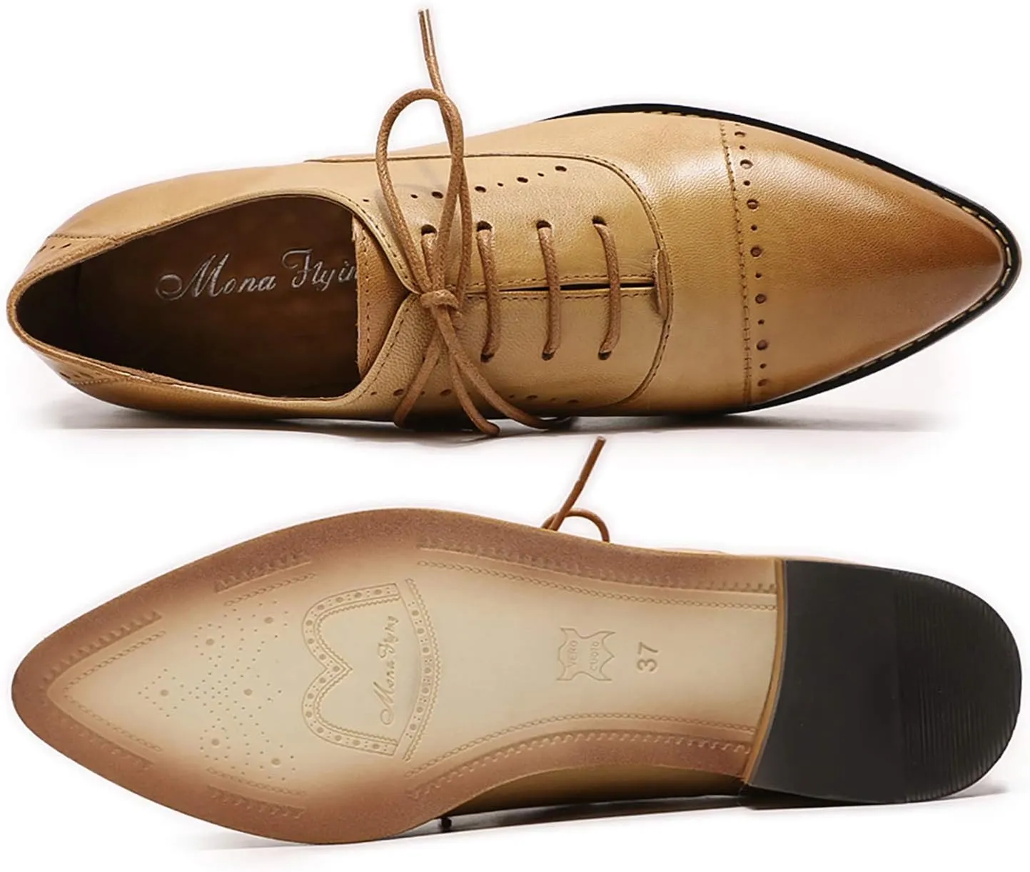Mona flying Women's Pointed Toe Oxfords Brogue Retro Lace up Leather Work Shoes for Ladies