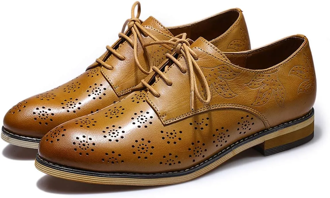 Mona flying Women's Printed Oxfords Brogue Derby Ladies Lace up Leather Shoes