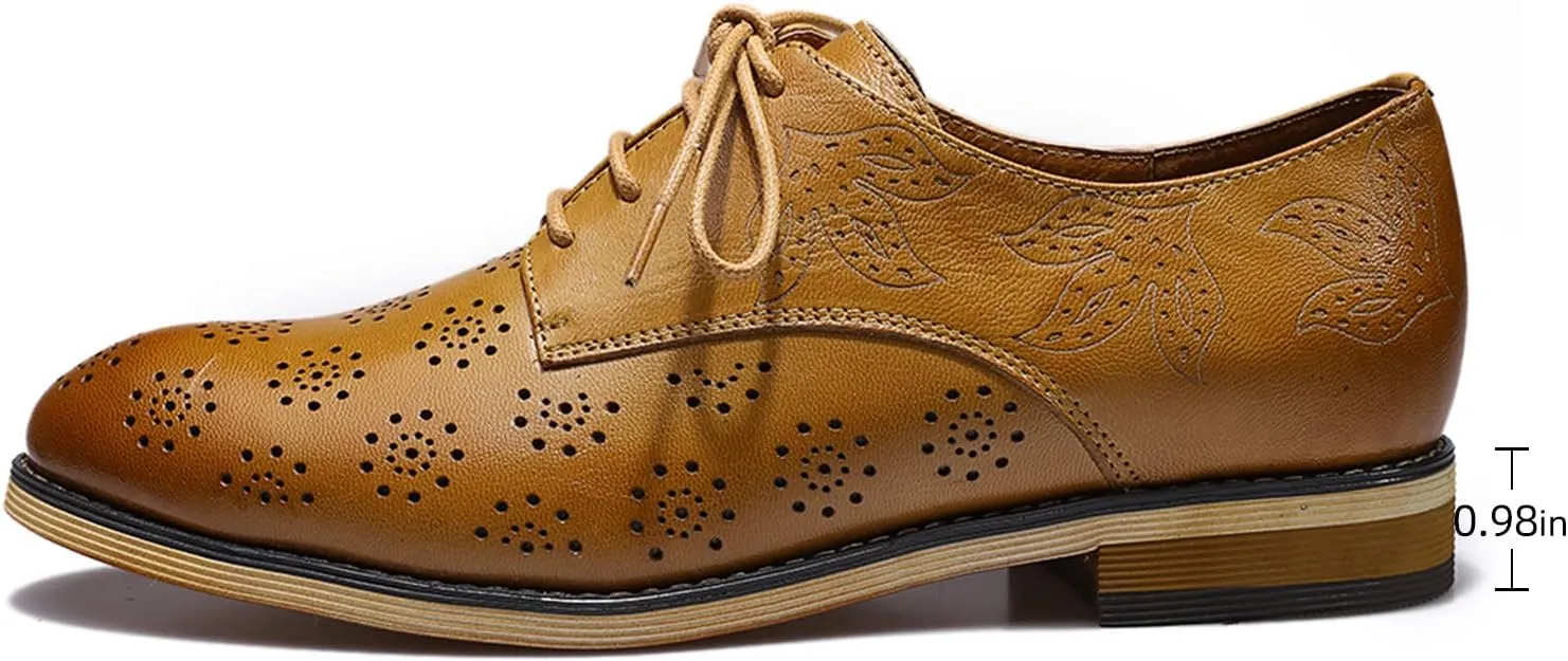 Mona flying Women's Printed Oxfords Brogue Derby Ladies Lace up Leather Shoes