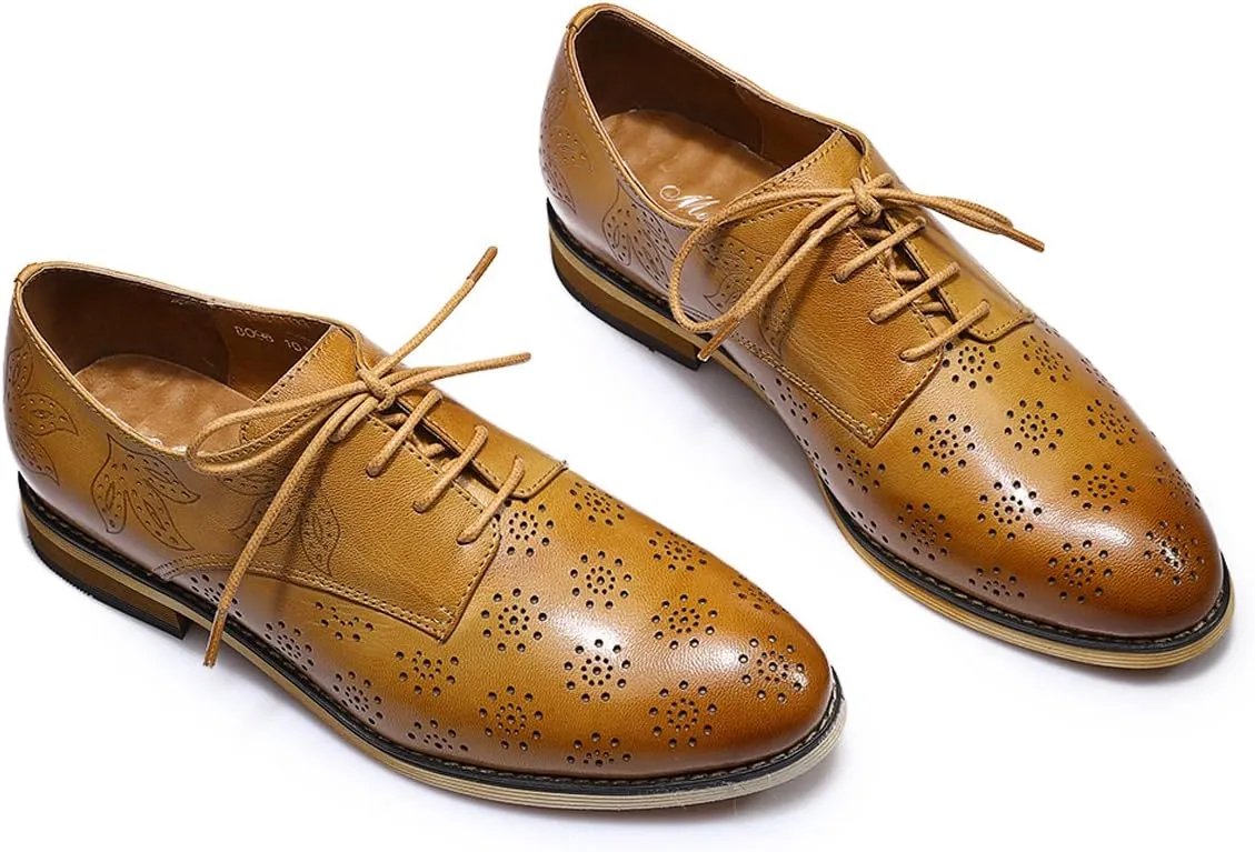 Mona flying Women's Printed Oxfords Brogue Derby Ladies Lace up Leather Shoes