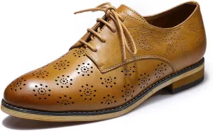Mona flying Women's Printed Oxfords Brogue Derby Ladies Lace up Leather Shoes
