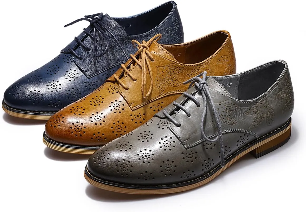 Mona flying Women's Printed Oxfords Brogue Derby Ladies Lace up Leather Shoes