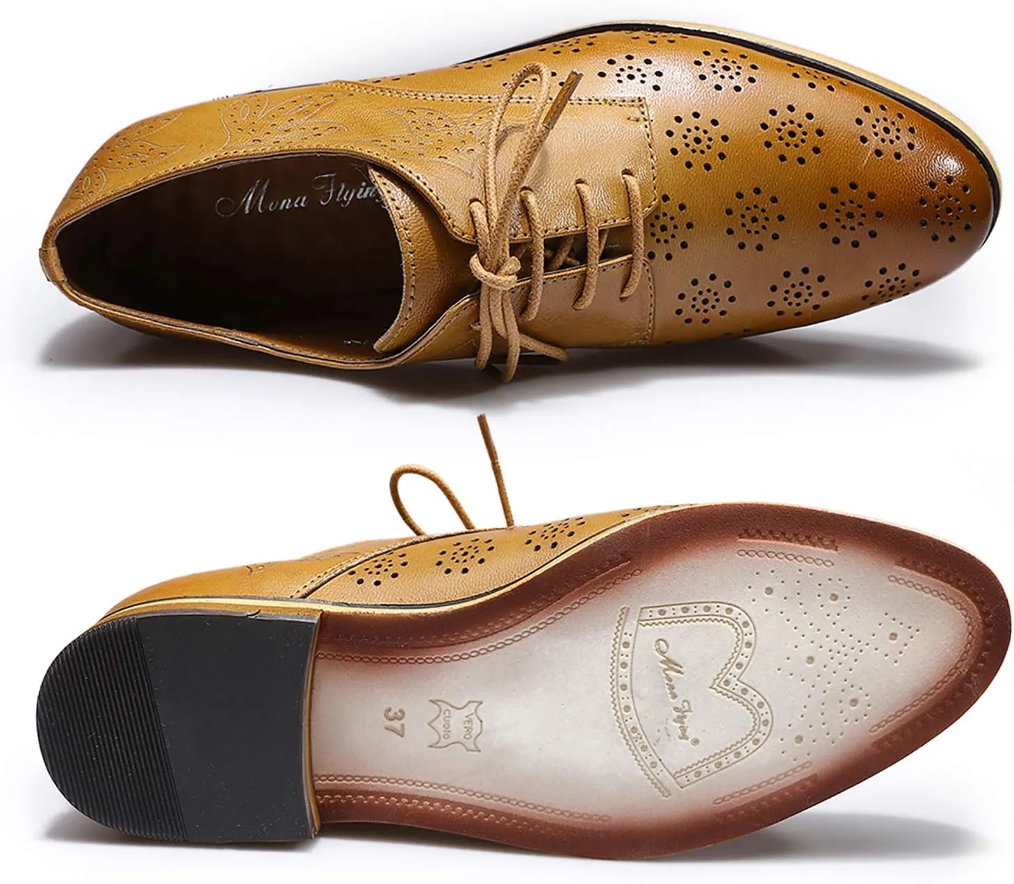 Mona flying Women's Printed Oxfords Brogue Derby Ladies Lace up Leather Shoes