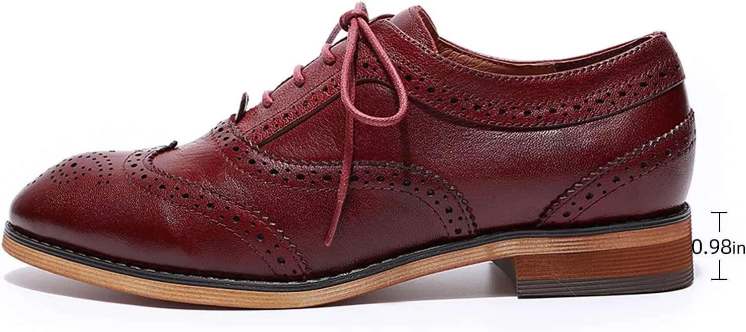 Mona flying Women's Stacked Heel Wingtip Oxfords Ladies Comfortable Lace-up Leather Brogue Shoes