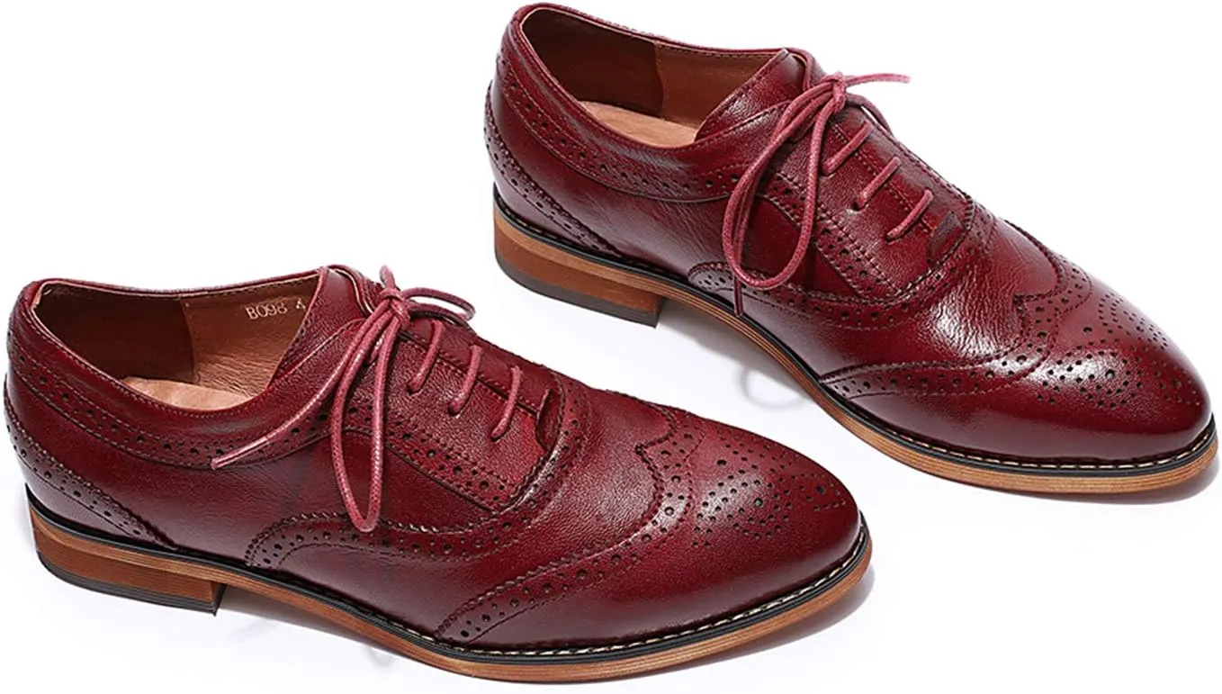 Mona flying Women's Stacked Heel Wingtip Oxfords Ladies Comfortable Lace-up Leather Brogue Shoes