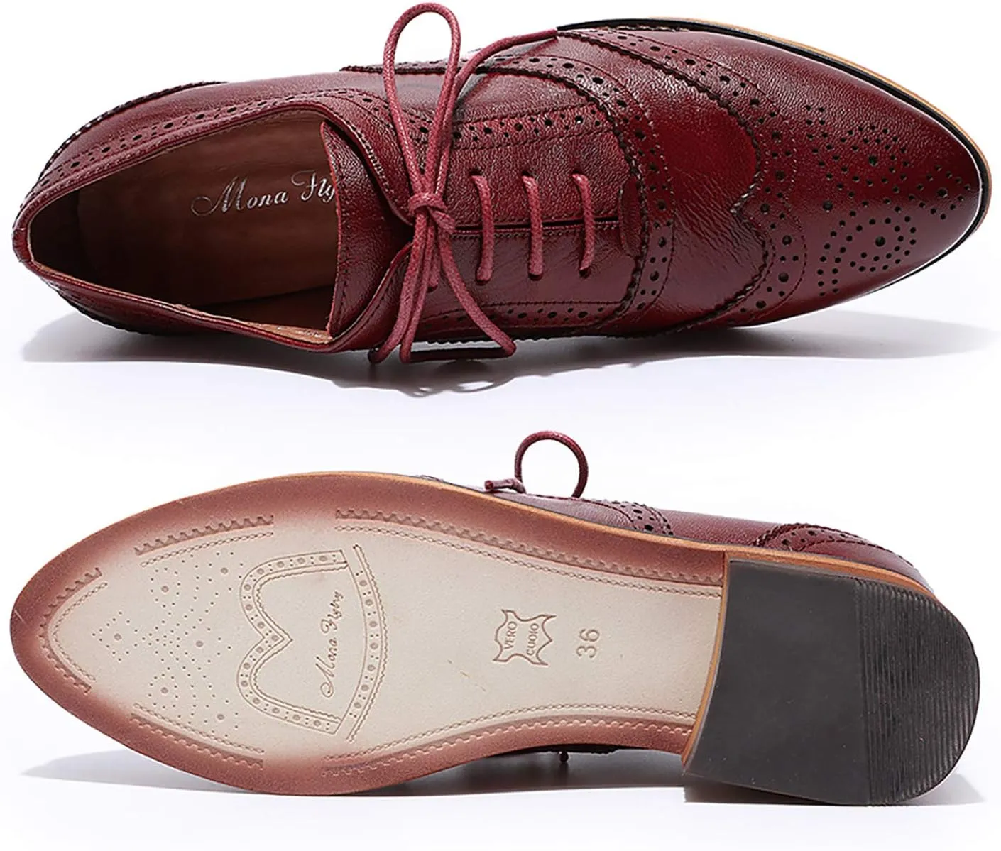 Mona flying Women's Stacked Heel Wingtip Oxfords Ladies Comfortable Lace-up Leather Brogue Shoes