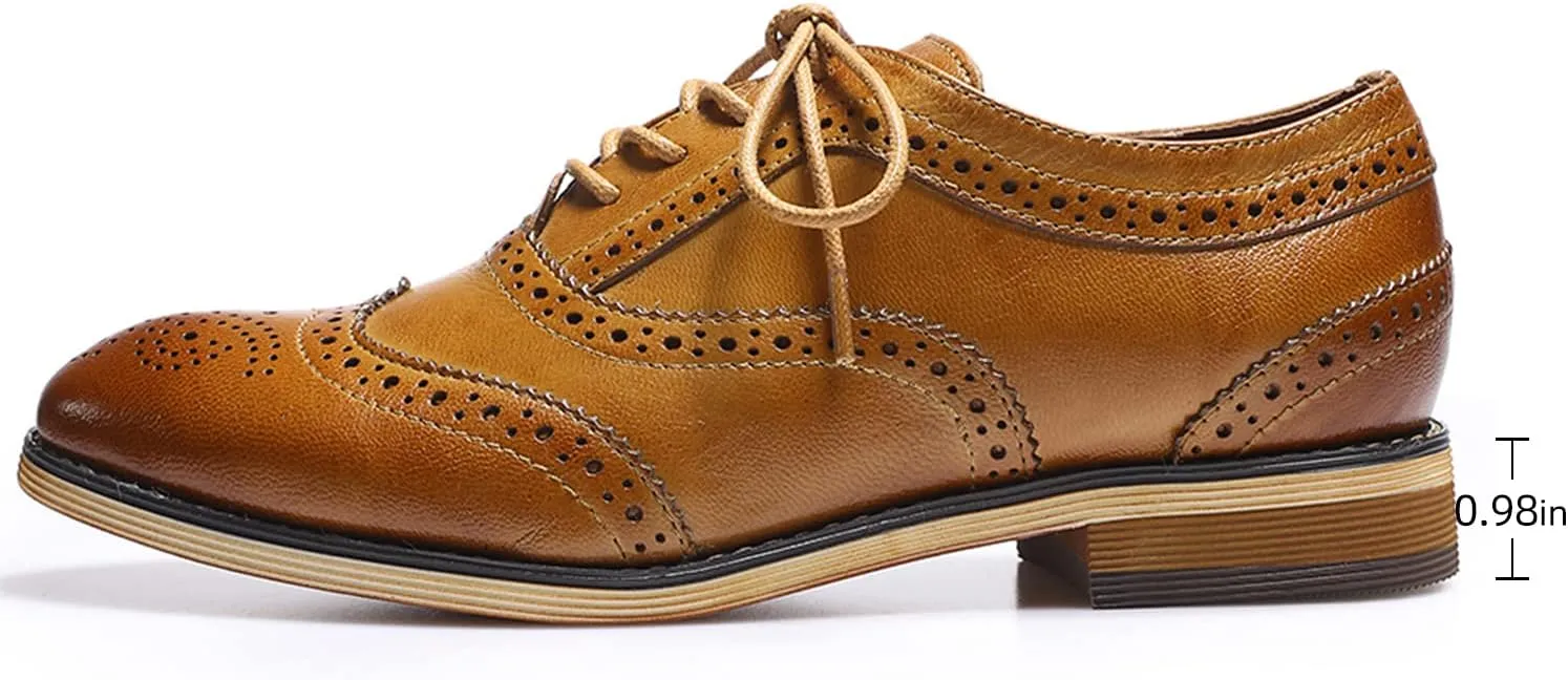 Mona flying Women's Stacked Heel Wingtip Oxfords Ladies Comfortable Lace-up Leather Brogue Shoes