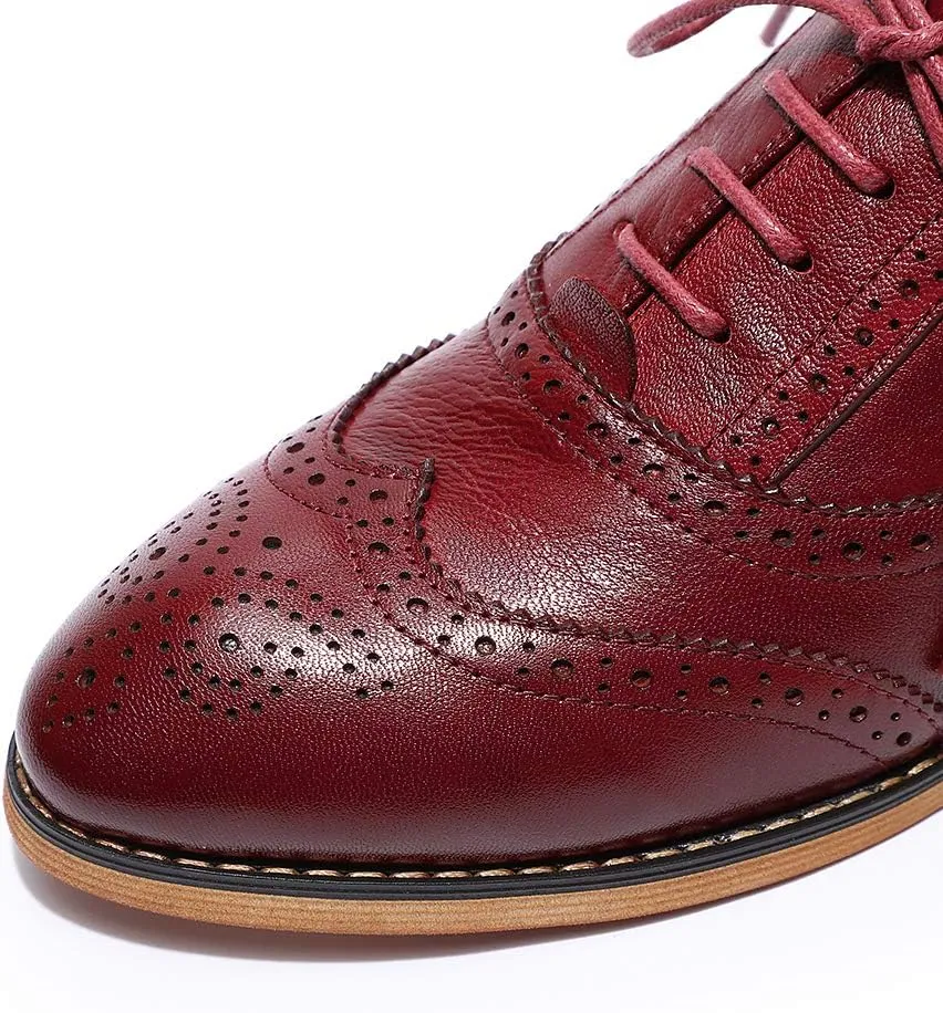 Mona flying Women's Stacked Heel Wingtip Oxfords Ladies Comfortable Lace-up Leather Brogue Shoes