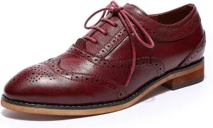 Mona flying Women's Stacked Heel Wingtip Oxfords Ladies Comfortable Lace-up Leather Brogue Shoes