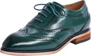 Mona flying Women's Stacked Heel Wingtip Oxfords Ladies Comfortable Lace-up Leather Brogue Shoes