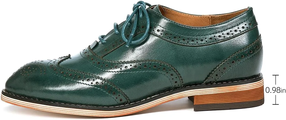 Mona flying Women's Stacked Heel Wingtip Oxfords Ladies Comfortable Lace-up Leather Brogue Shoes