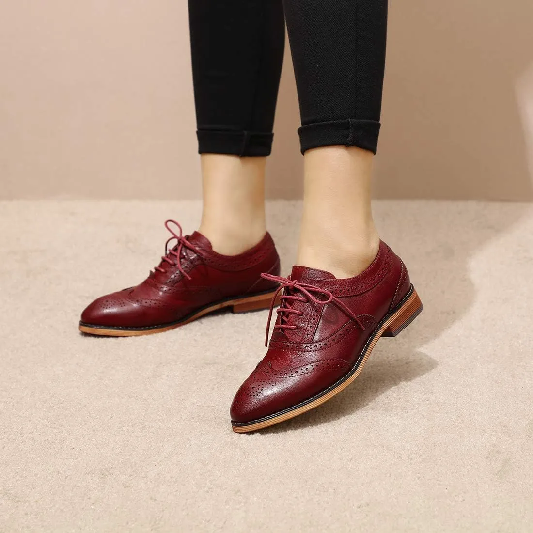 Mona flying Women's Stacked Heel Wingtip Oxfords Ladies Comfortable Lace-up Leather Brogue Shoes
