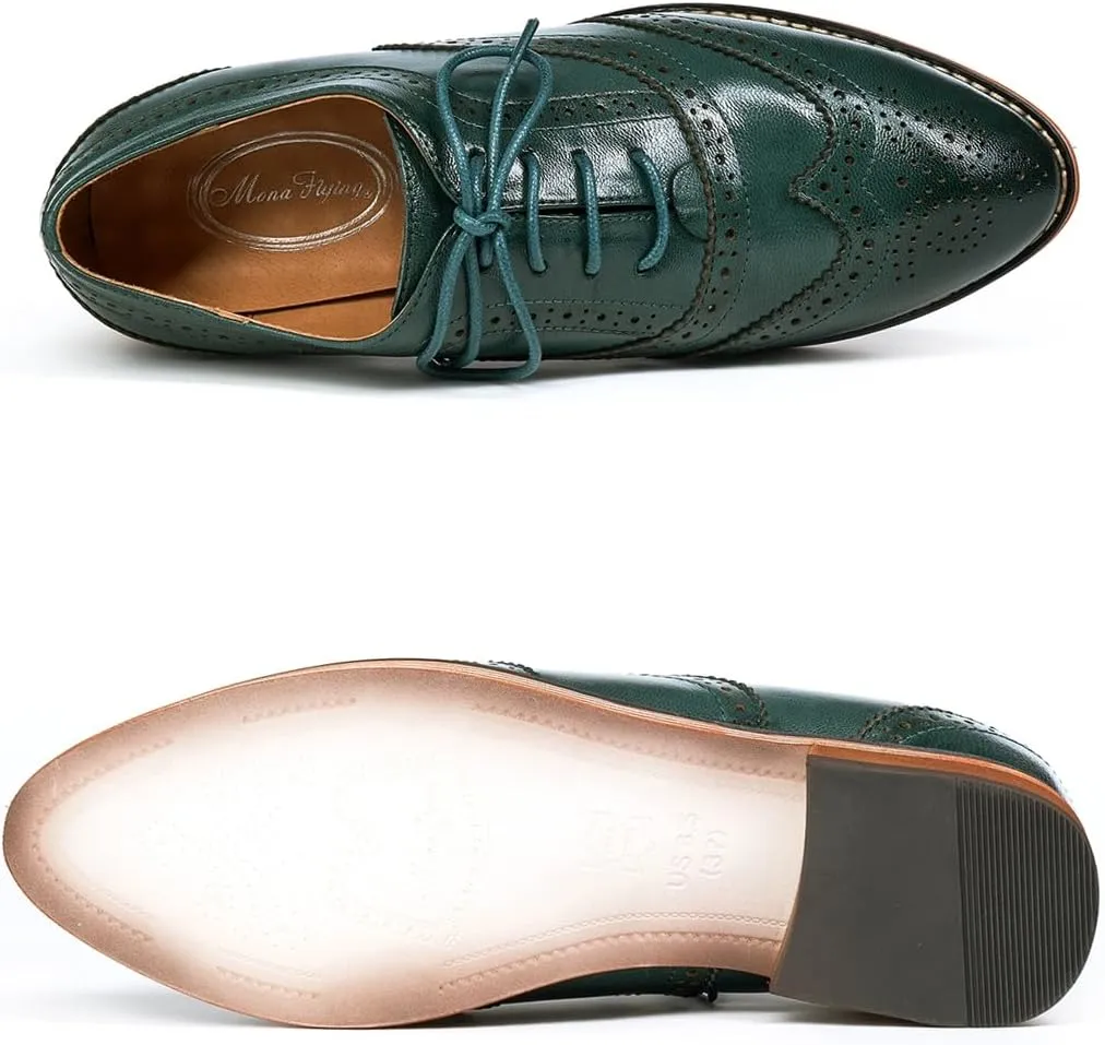 Mona flying Women's Stacked Heel Wingtip Oxfords Ladies Comfortable Lace-up Leather Brogue Shoes