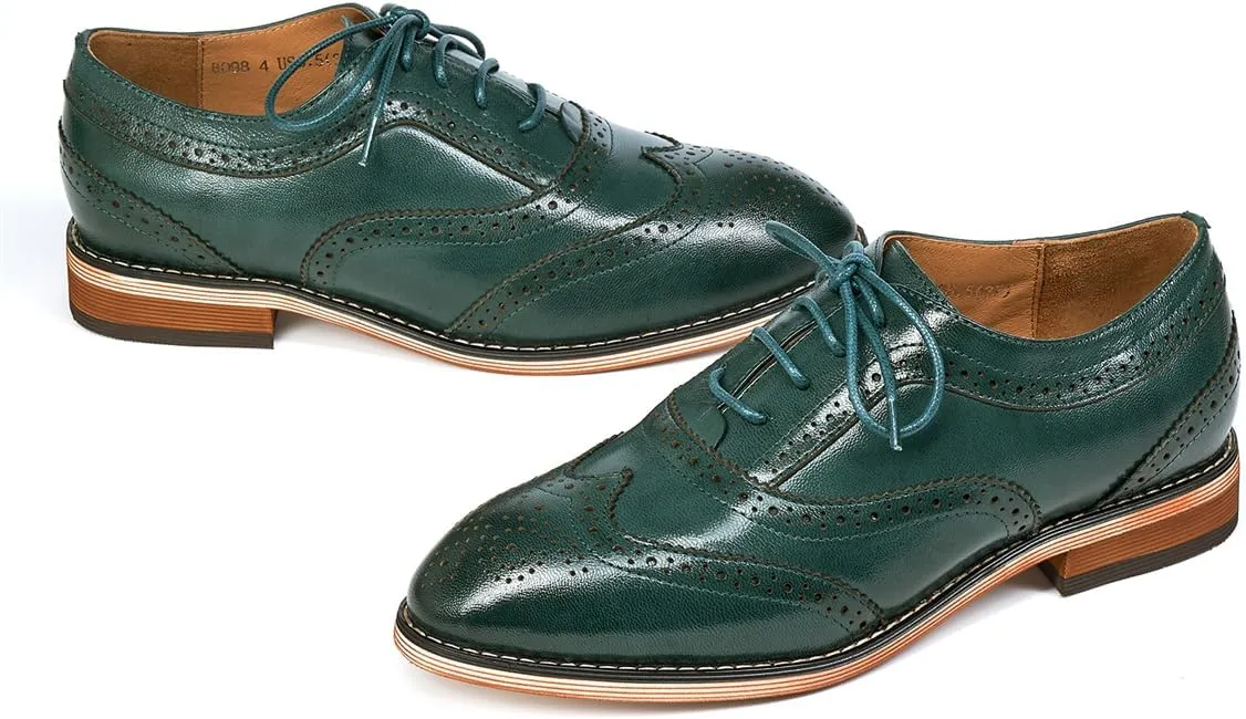 Mona flying Women's Stacked Heel Wingtip Oxfords Ladies Comfortable Lace-up Leather Brogue Shoes