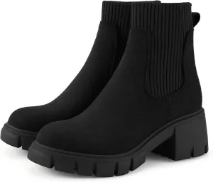 MOUSSE FIT Women's British Style Boots Elastic Chunky Heel Lug Sole Booties