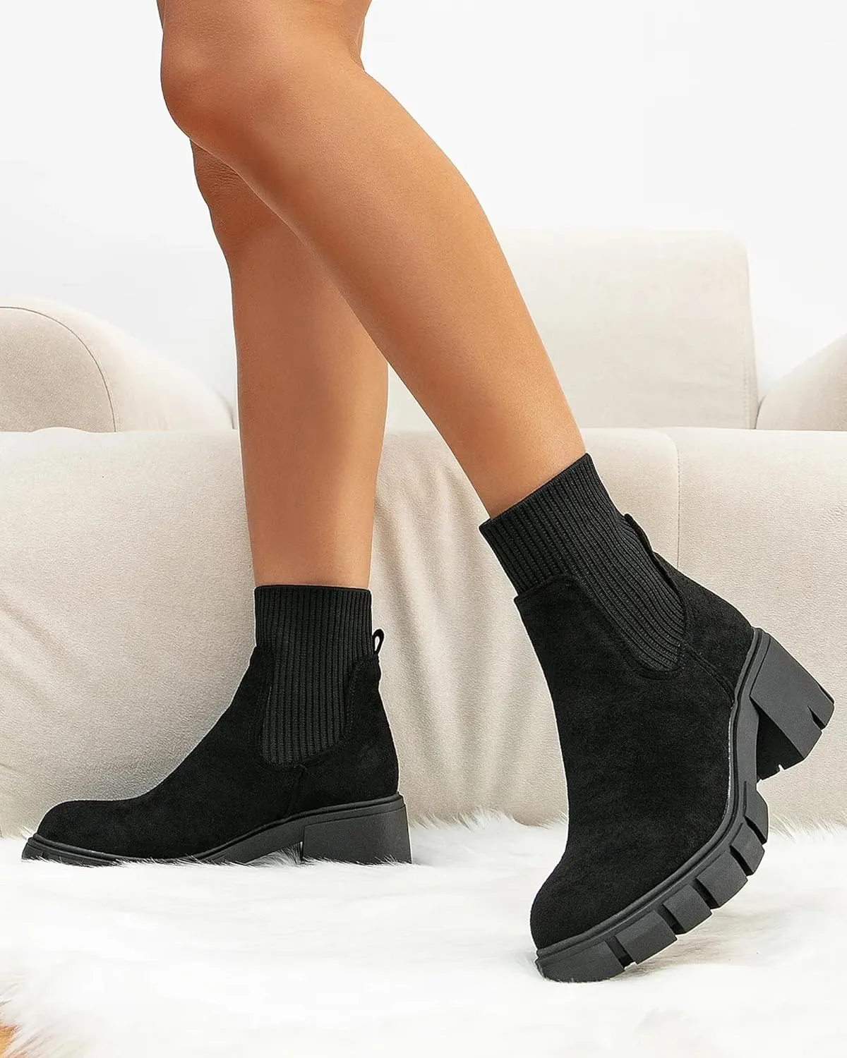 MOUSSE FIT Women's British Style Boots Elastic Chunky Heel Lug Sole Booties