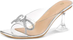 mysoft Women's Clear Heeled Sandals Square Toe Transparent Stiletto Mules Open Toe Slip on Dress Shoes