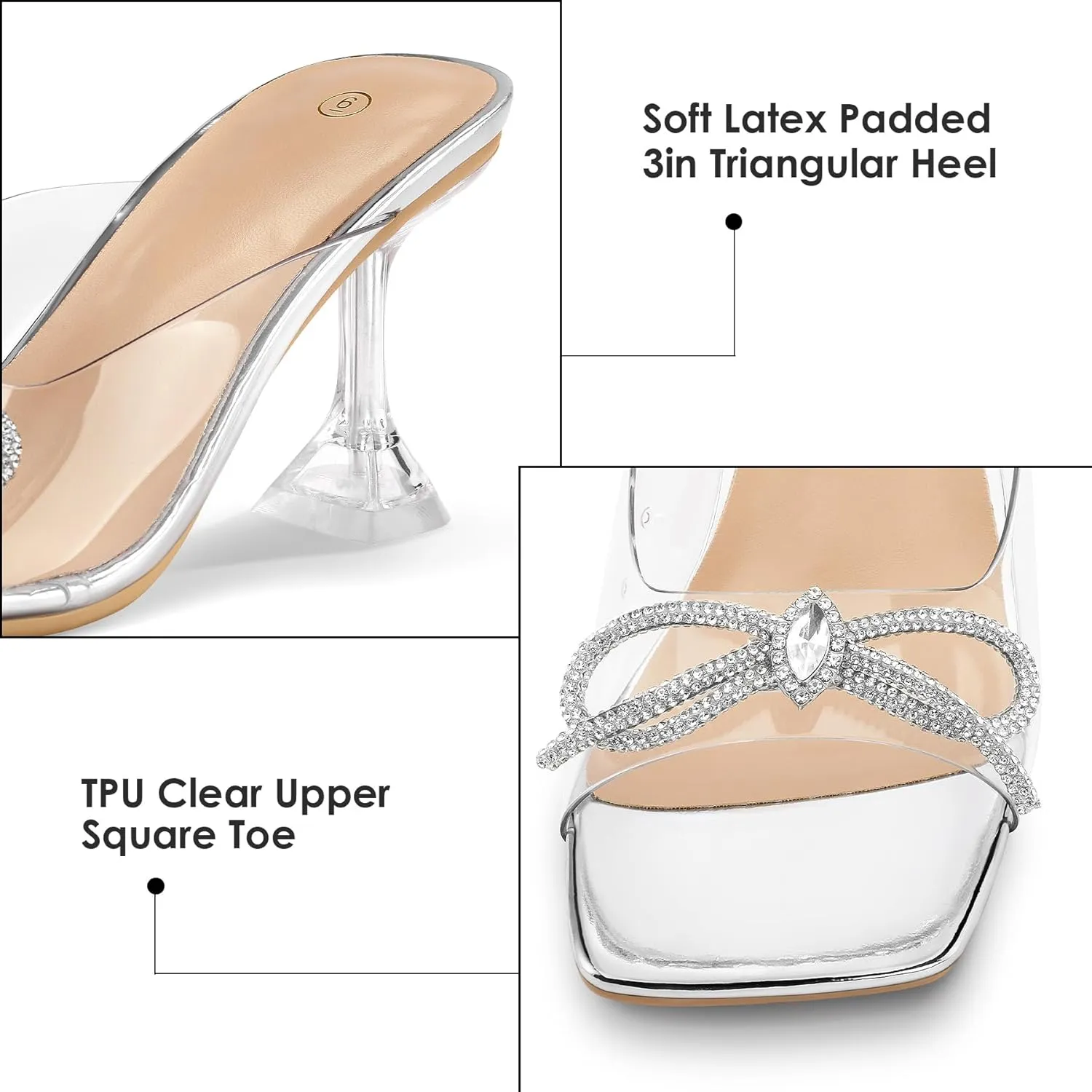 mysoft Women's Clear Heeled Sandals Square Toe Transparent Stiletto Mules Open Toe Slip on Dress Shoes