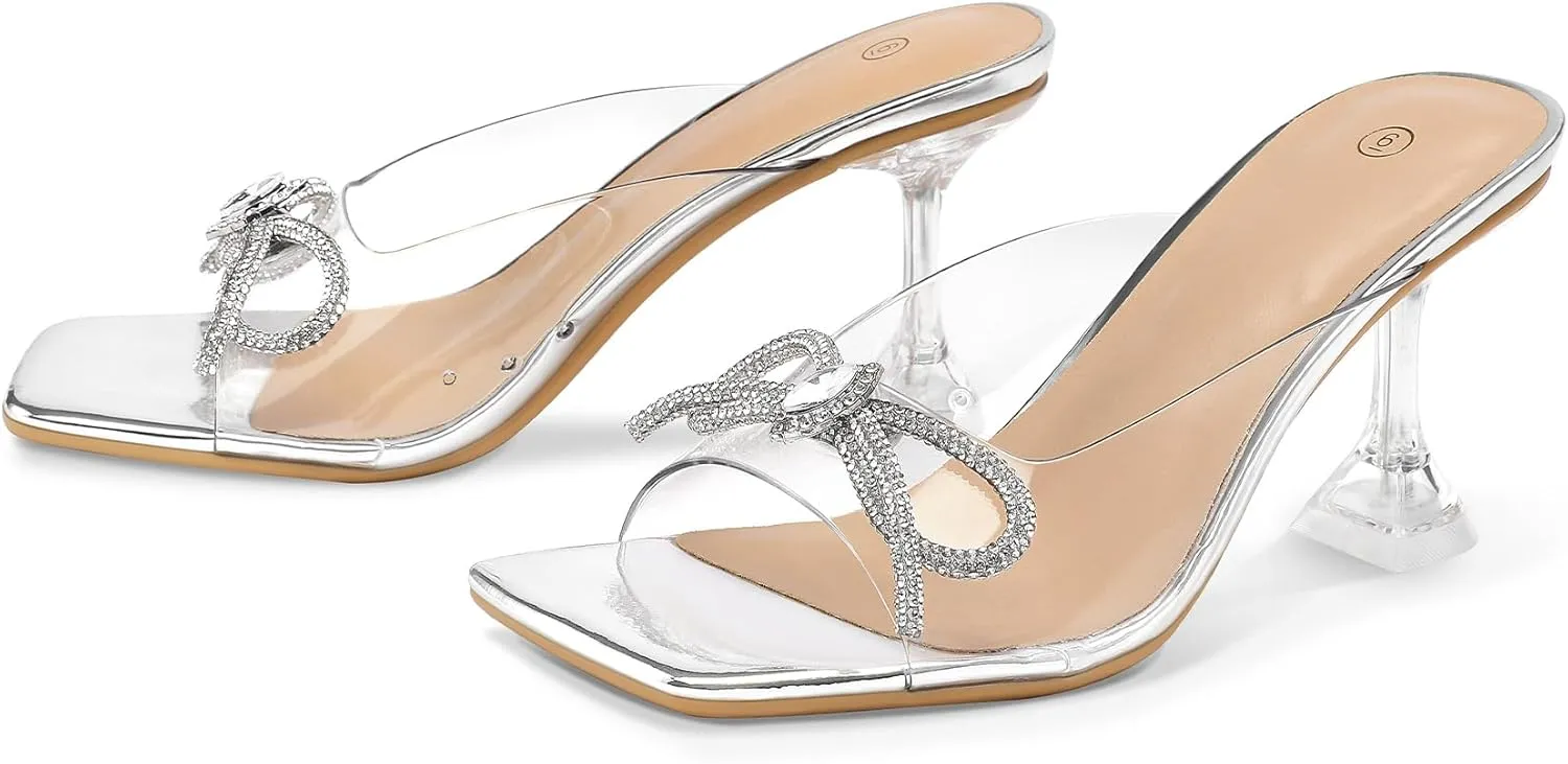mysoft Women's Clear Heeled Sandals Square Toe Transparent Stiletto Mules Open Toe Slip on Dress Shoes