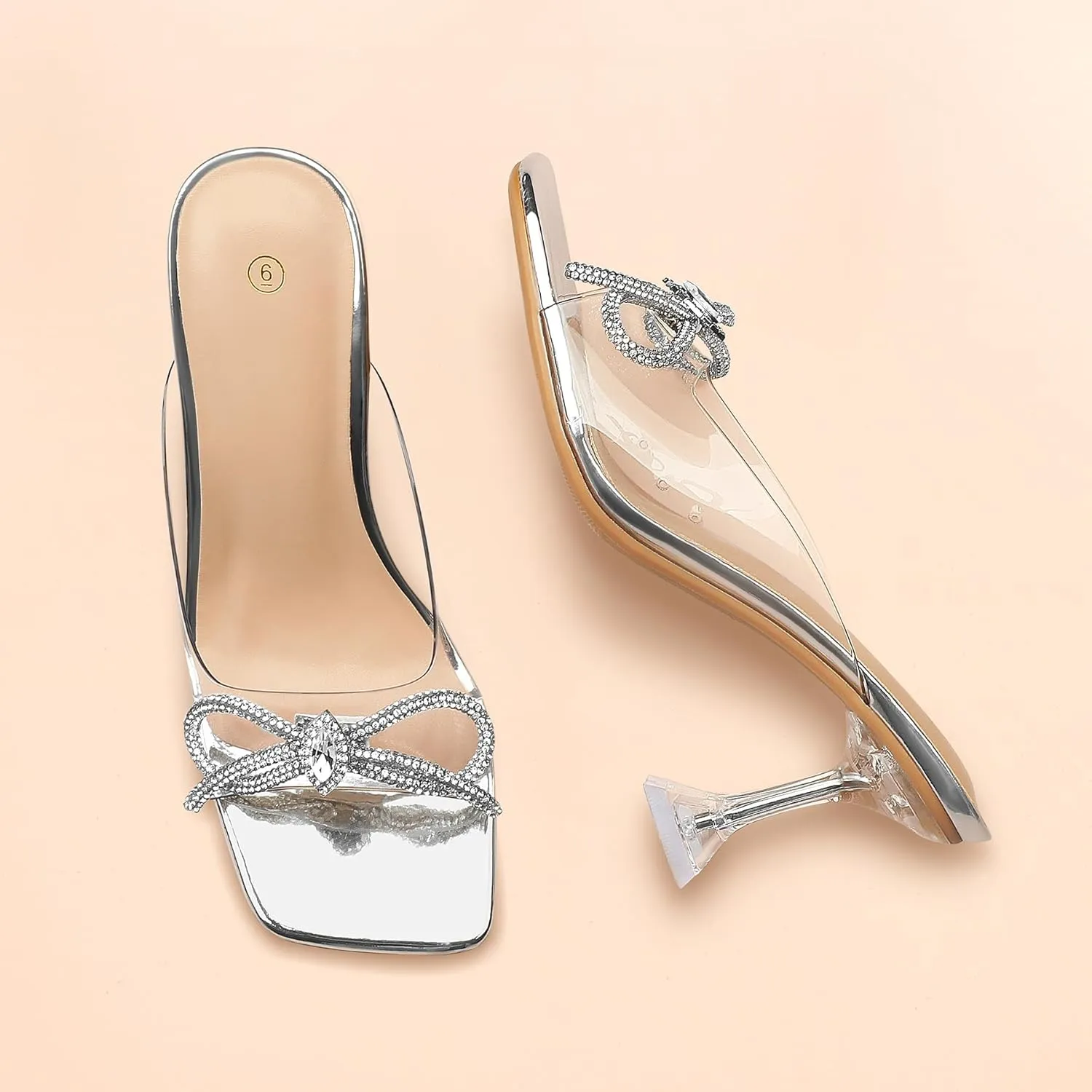mysoft Women's Clear Heeled Sandals Square Toe Transparent Stiletto Mules Open Toe Slip on Dress Shoes