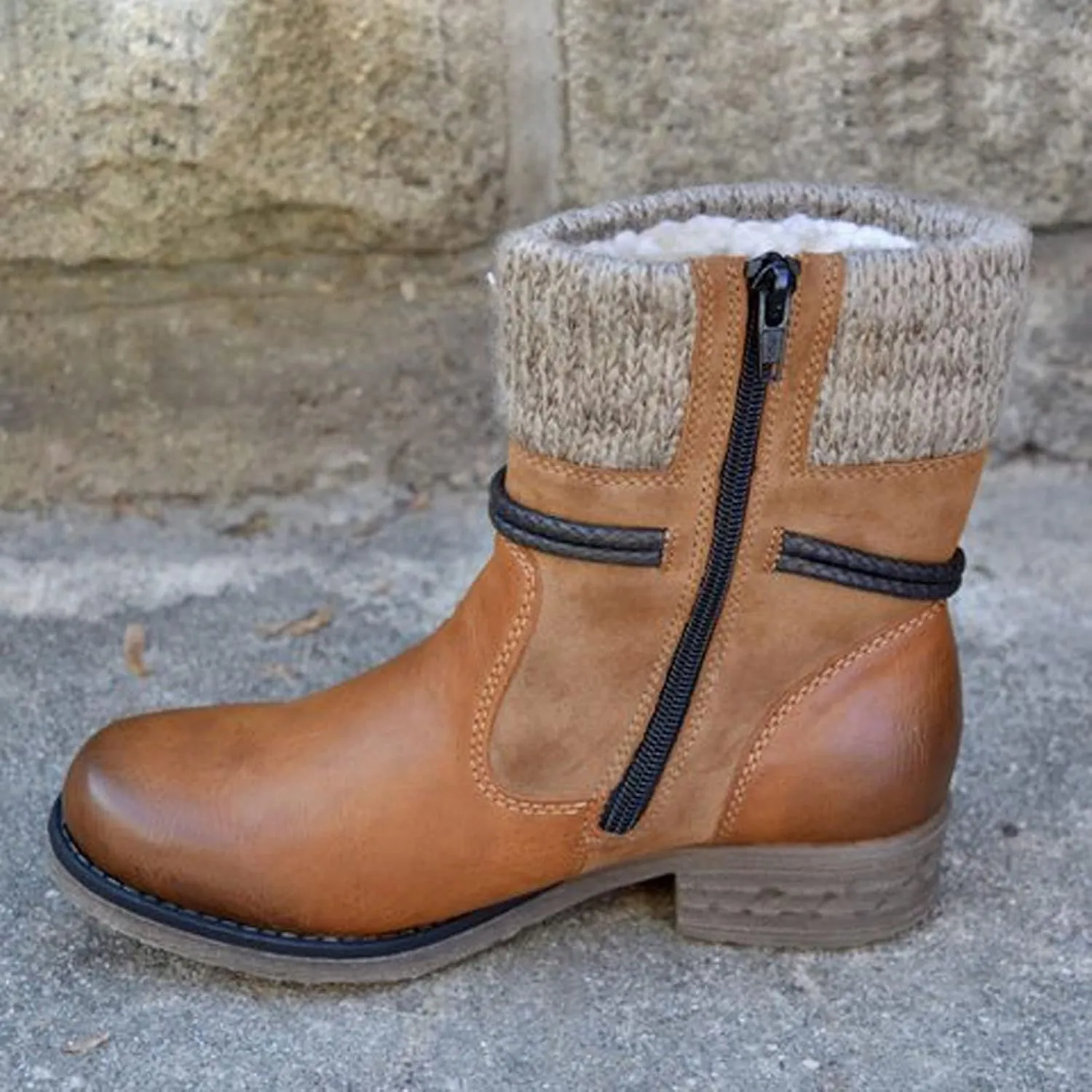 oiangi Womens Round Toe Leather Boots - Vintage Patchwork Side Zipper Strap Chunky Thick Heel Warm Low Heel Ankle Booties Retro Casual Slip-On Shoes