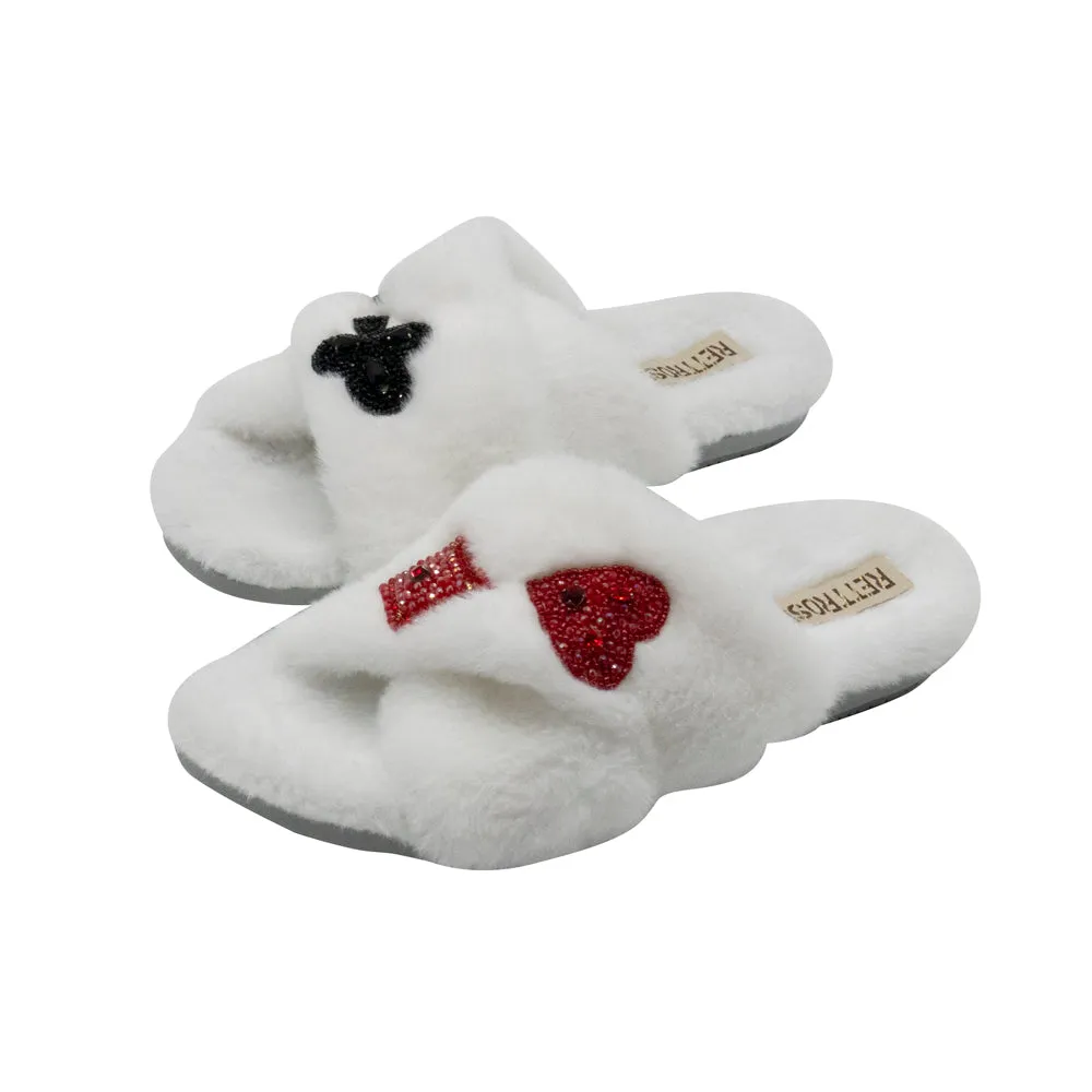 Olivia Cream Luxury Plush Diamanté Embellished Handmade Slipper