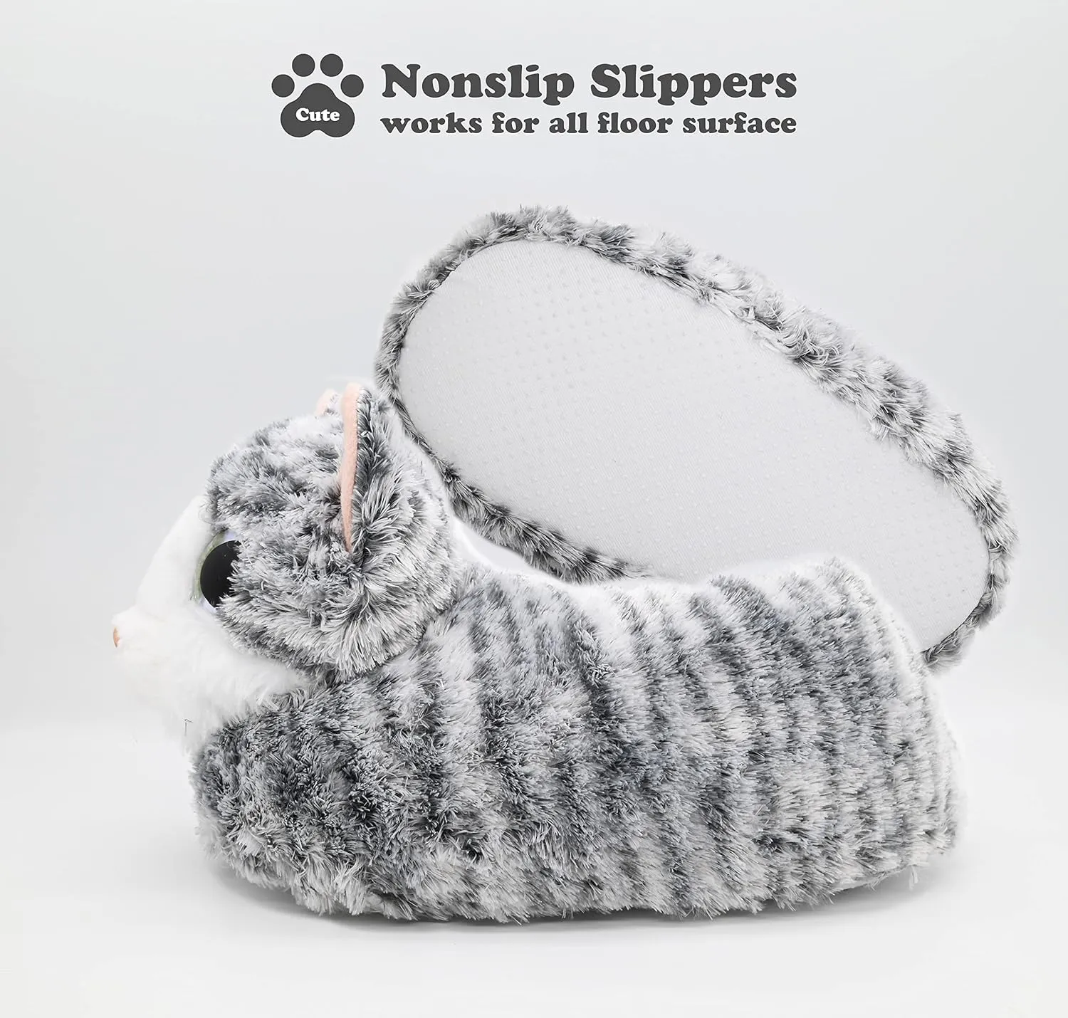Onmygogo Indoor Fuzzy Winter Animal Cat Plush Slippers for Women Men Kids,Faux Fur,Warm House Slipper