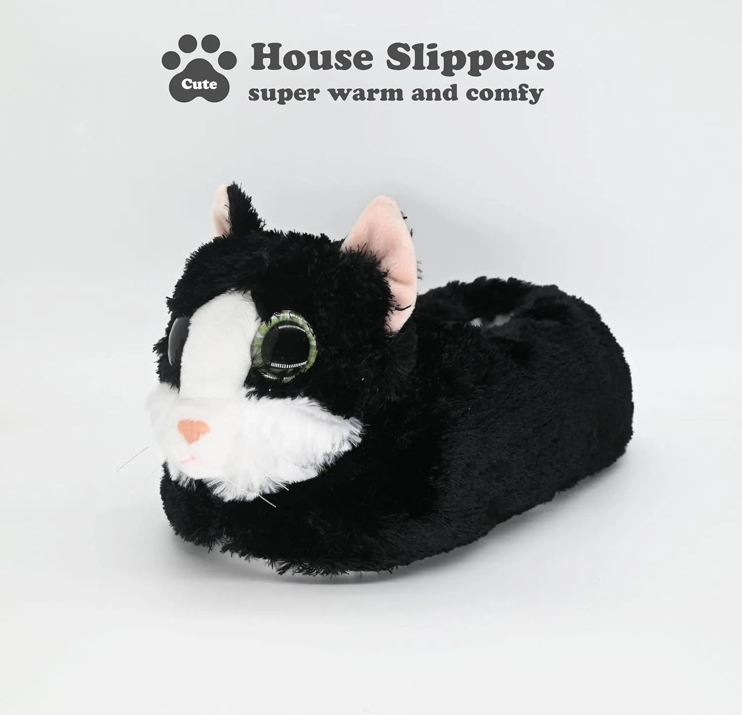 Onmygogo Indoor Fuzzy Winter Animal Cat Plush Slippers for Women Men Kids,Faux Fur,Warm House Slipper