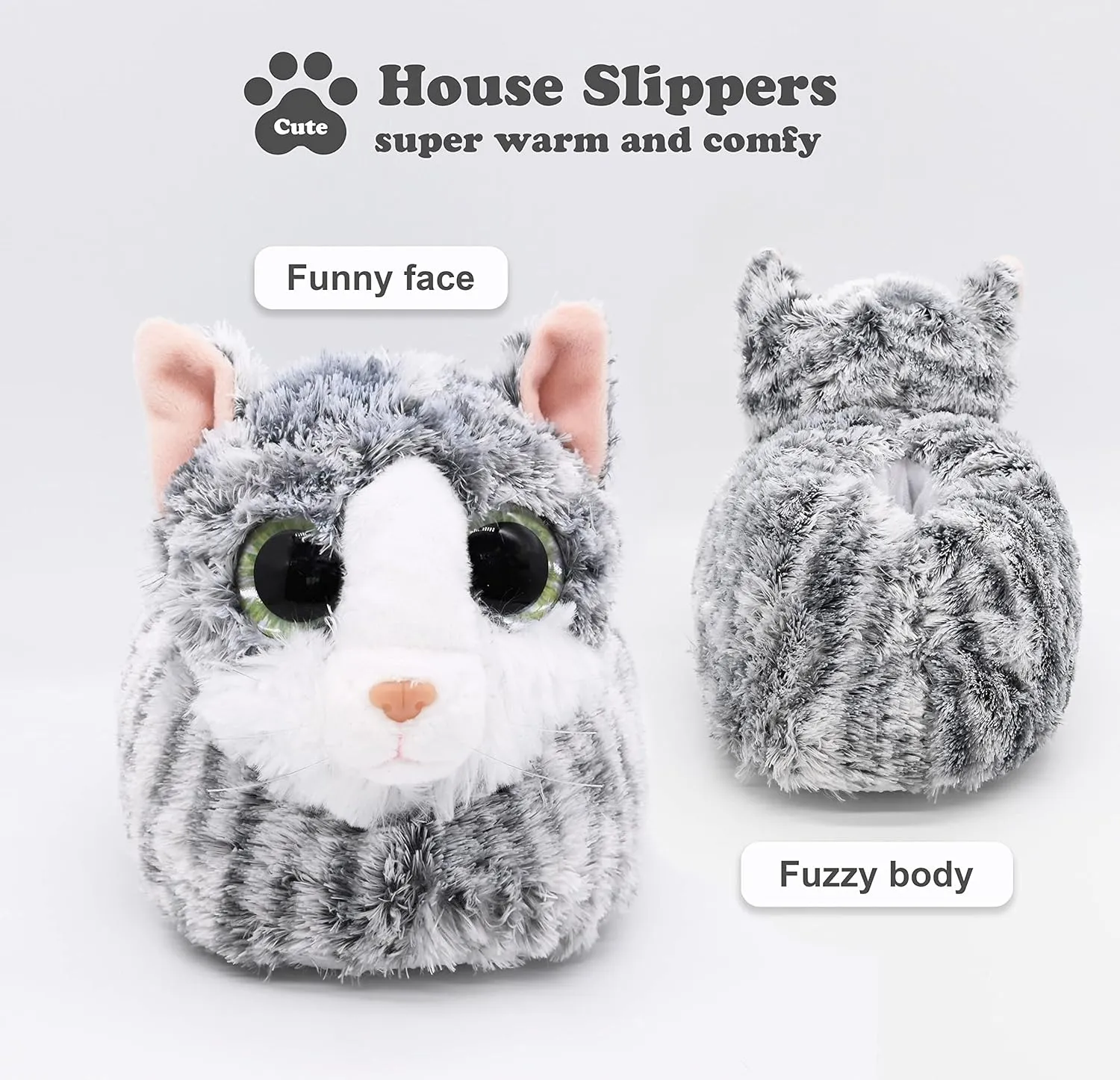 Onmygogo Indoor Fuzzy Winter Animal Cat Plush Slippers for Women Men Kids,Faux Fur,Warm House Slipper
