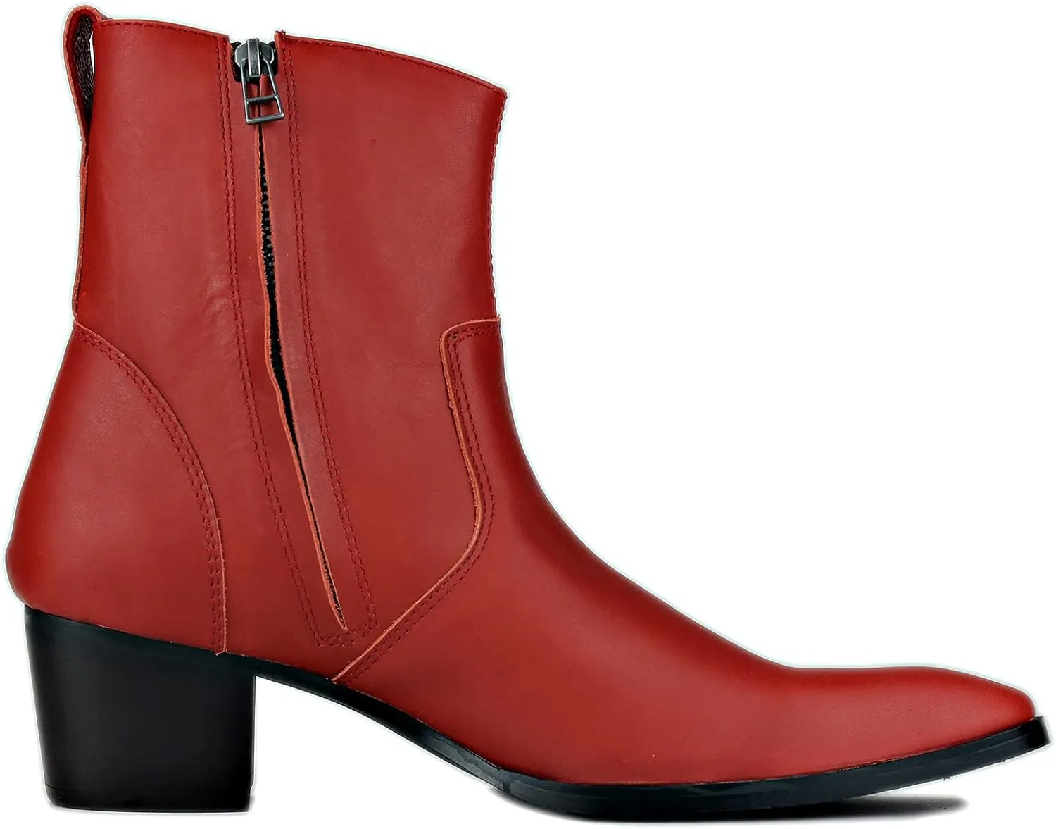 OSSTONE Dress Boot for Men Leather Chelsea Boots Calfskin Casual Heel Shoes Zipper-up OS-JY048-Red-R