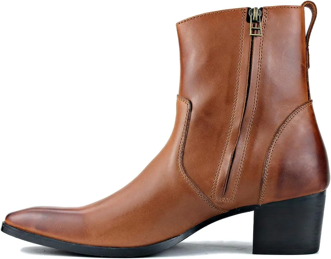 OSSTONE Dress Boot for Men Leather Chukka Designer Boots Calfskin Casual Heel Shoes Footwear Zipper-up OS-JY002-Black-Calfskin-US