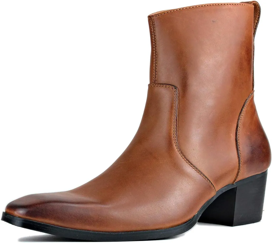 OSSTONE Dress Boot for Men Leather Chukka Designer Boots Calfskin Casual Heel Shoes Footwear Zipper-up OS-JY002-Black-Calfskin-US