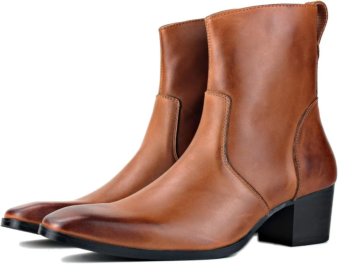 OSSTONE Dress Boot for Men Leather Chukka Designer Boots Calfskin Casual Heel Shoes Footwear Zipper-up OS-JY002-Black-Calfskin-US