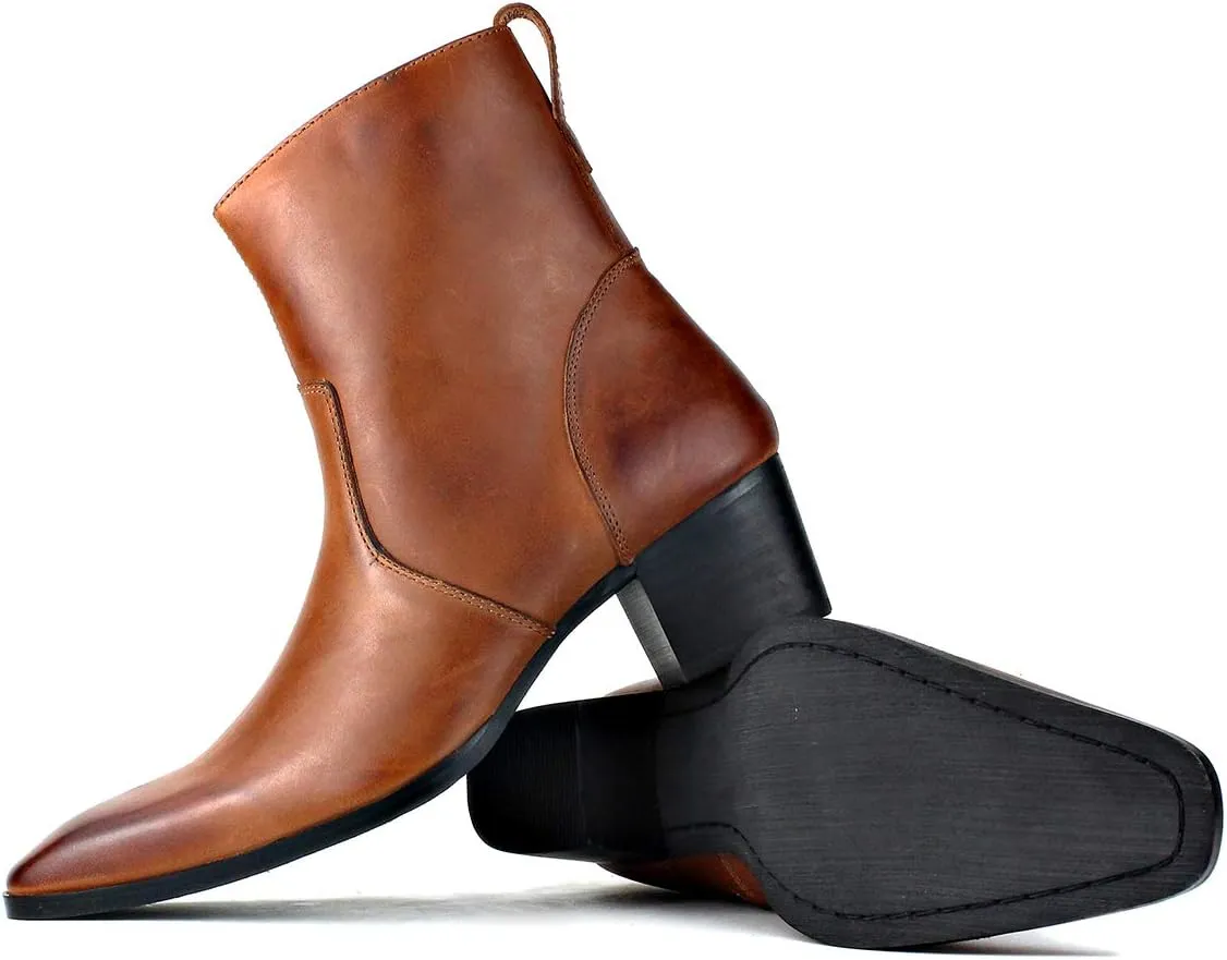 OSSTONE Dress Boot for Men Leather Chukka Designer Boots Calfskin Casual Heel Shoes Footwear Zipper-up OS-JY002-Black-Calfskin-US
