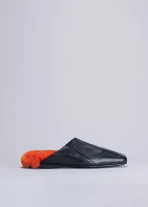 PARIGI - SLIPPER NERA CON PELLICCIA ROSSA IN VITELLO