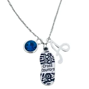Personalized Cross Country Necklace, Letter and Birthstone Charm Necklace, Sneaker Pendant, Running Gift