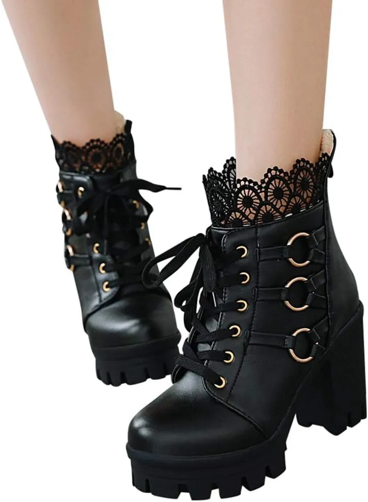 Platform Boots for Women,Women's Lace Up Combat Boots Fashion Floral Lace Chunky Pump Ankle Booties Goth Anti Slip High Heels Riding Short Boots for Bride Wedding Halloween Party