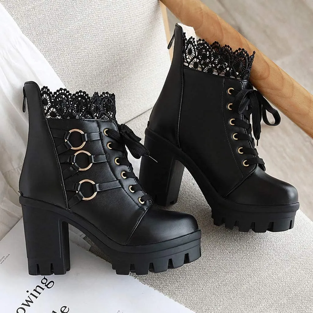 Platform Boots for Women,Women's Lace Up Combat Boots Fashion Floral Lace Chunky Pump Ankle Booties Goth Anti Slip High Heels Riding Short Boots for Bride Wedding Halloween Party