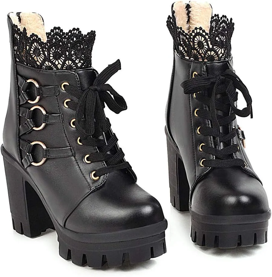 Platform Boots for Women,Women's Lace Up Combat Boots Fashion Floral Lace Chunky Pump Ankle Booties Goth Anti Slip High Heels Riding Short Boots for Bride Wedding Halloween Party