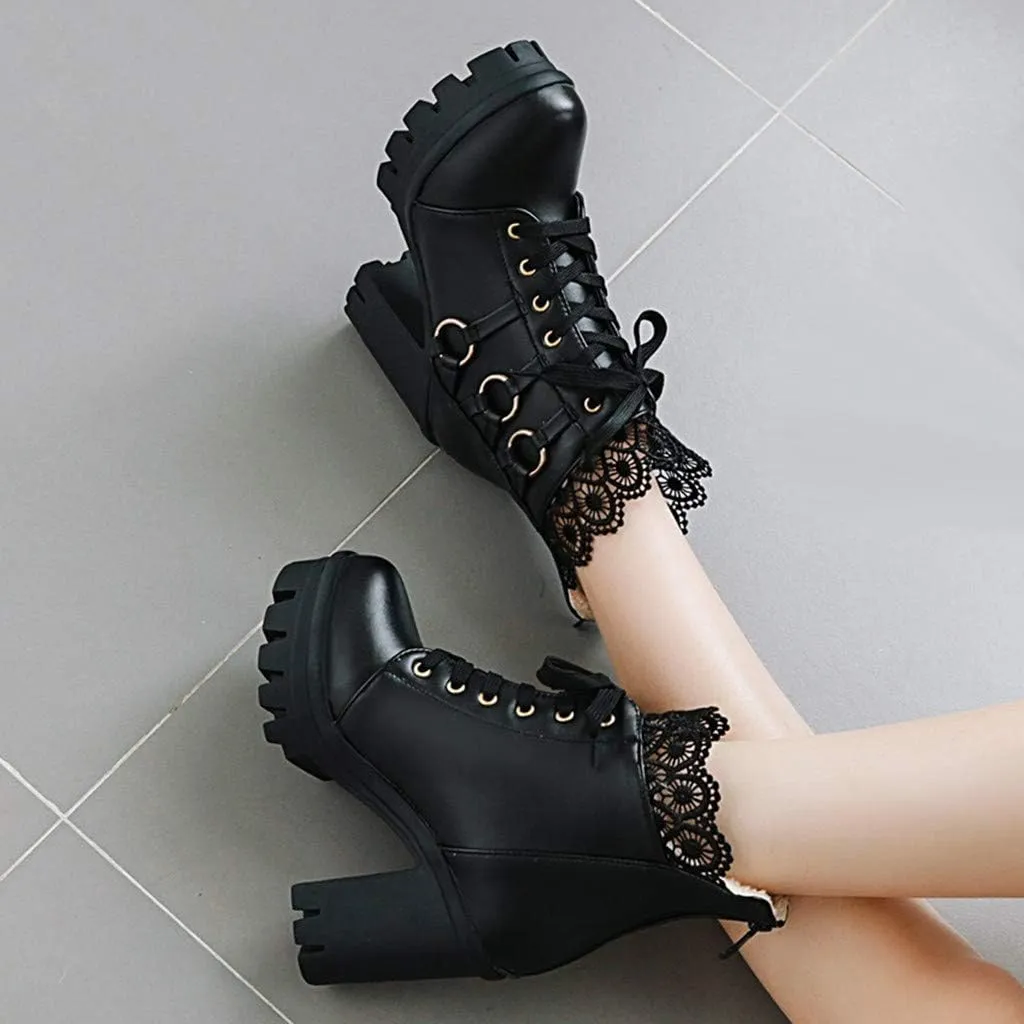 Platform Boots for Women,Women's Lace Up Combat Boots Fashion Floral Lace Chunky Pump Ankle Booties Goth Anti Slip High Heels Riding Short Boots for Bride Wedding Halloween Party