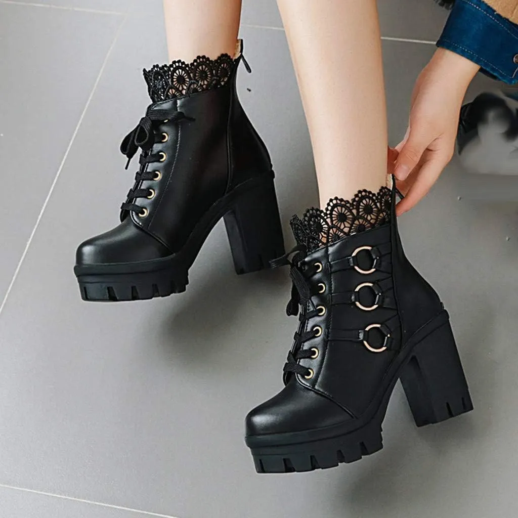 Platform Boots for Women,Women's Lace Up Combat Boots Fashion Floral Lace Chunky Pump Ankle Booties Goth Anti Slip High Heels Riding Short Boots for Bride Wedding Halloween Party