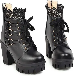 Platform Boots for Women,Women's Lace Up Combat Boots Fashion Floral Lace Chunky Pump Ankle Booties Goth Anti Slip High Heels Riding Short Boots for Bride Wedding Halloween Party