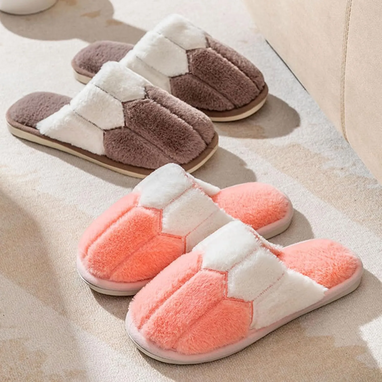 Plush Cotton Slippers With Honeycomb Panel Design Soft Fluffy Warm Cozy Home Non-Slip Women Style Casual Memory Foam Slides Indoor Outdoor Anti-Skid