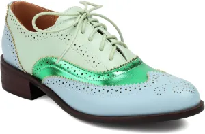 PU Leather British Oxford Vintage Mixed Color Lace Up Brogue Flats with Pointed Toe and Chunky Low Heel for Daily Office Casual Wear Stylish Patchwork Oxford Pumps