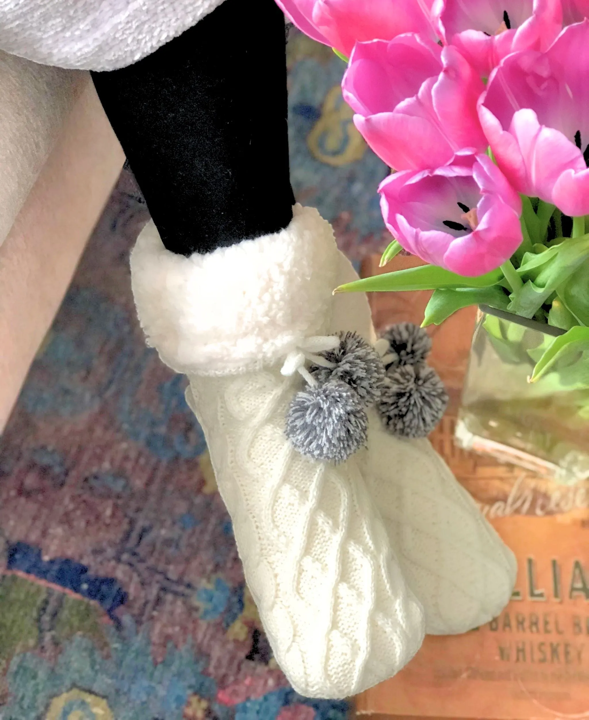 Pudus Cable Knit Slipper Socks White Adult