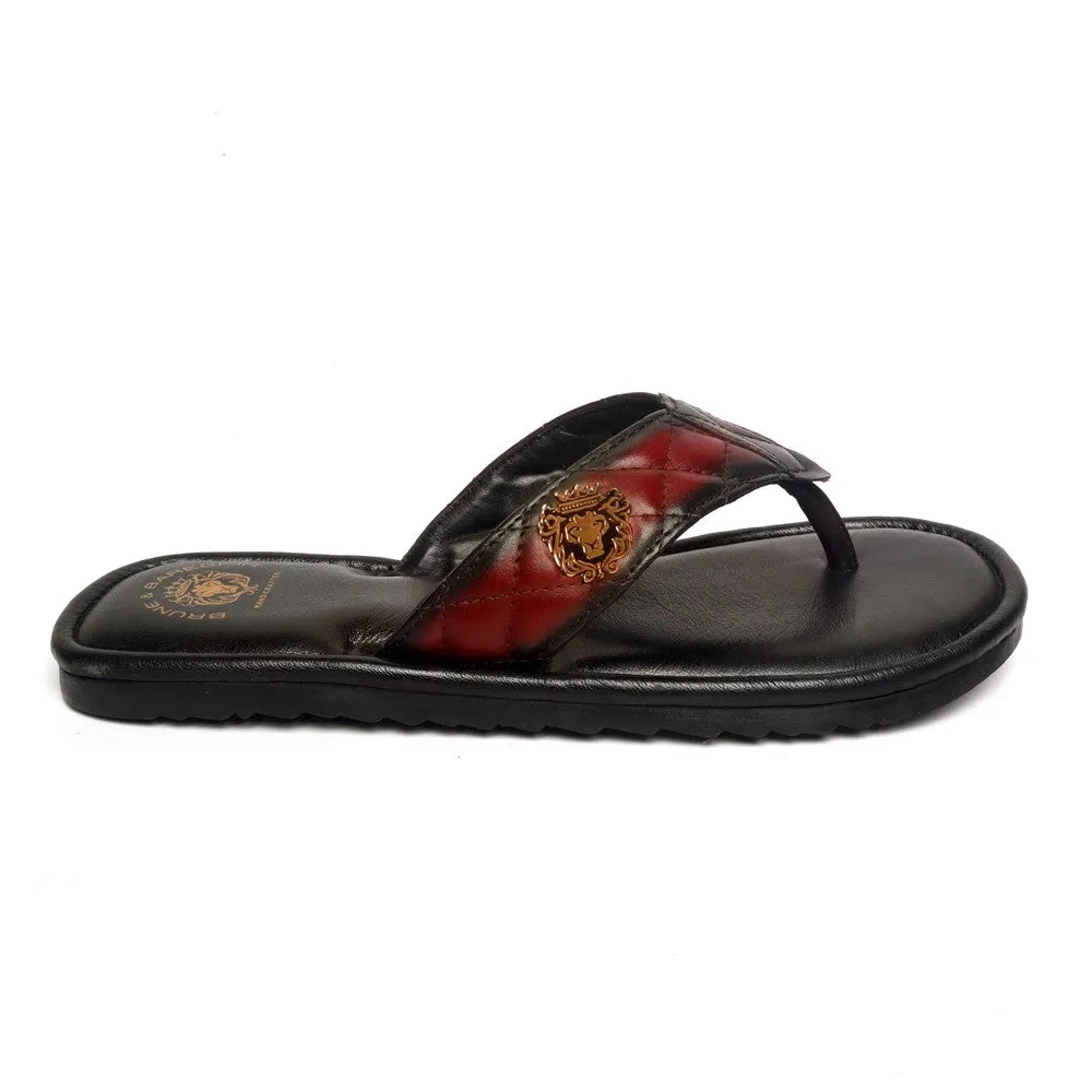 Quilted V-Strap Slippers with Padded Base in Wine Leather
