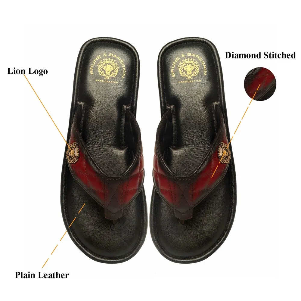 Quilted V-Strap Slippers with Padded Base in Wine Leather