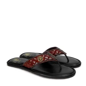 Quilted V-Strap Slippers with Padded Base in Wine Leather