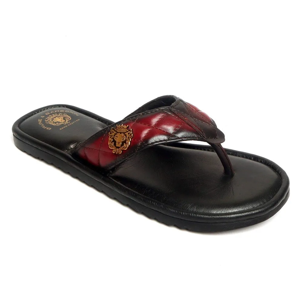 Quilted V-Strap Slippers with Padded Base in Wine Leather