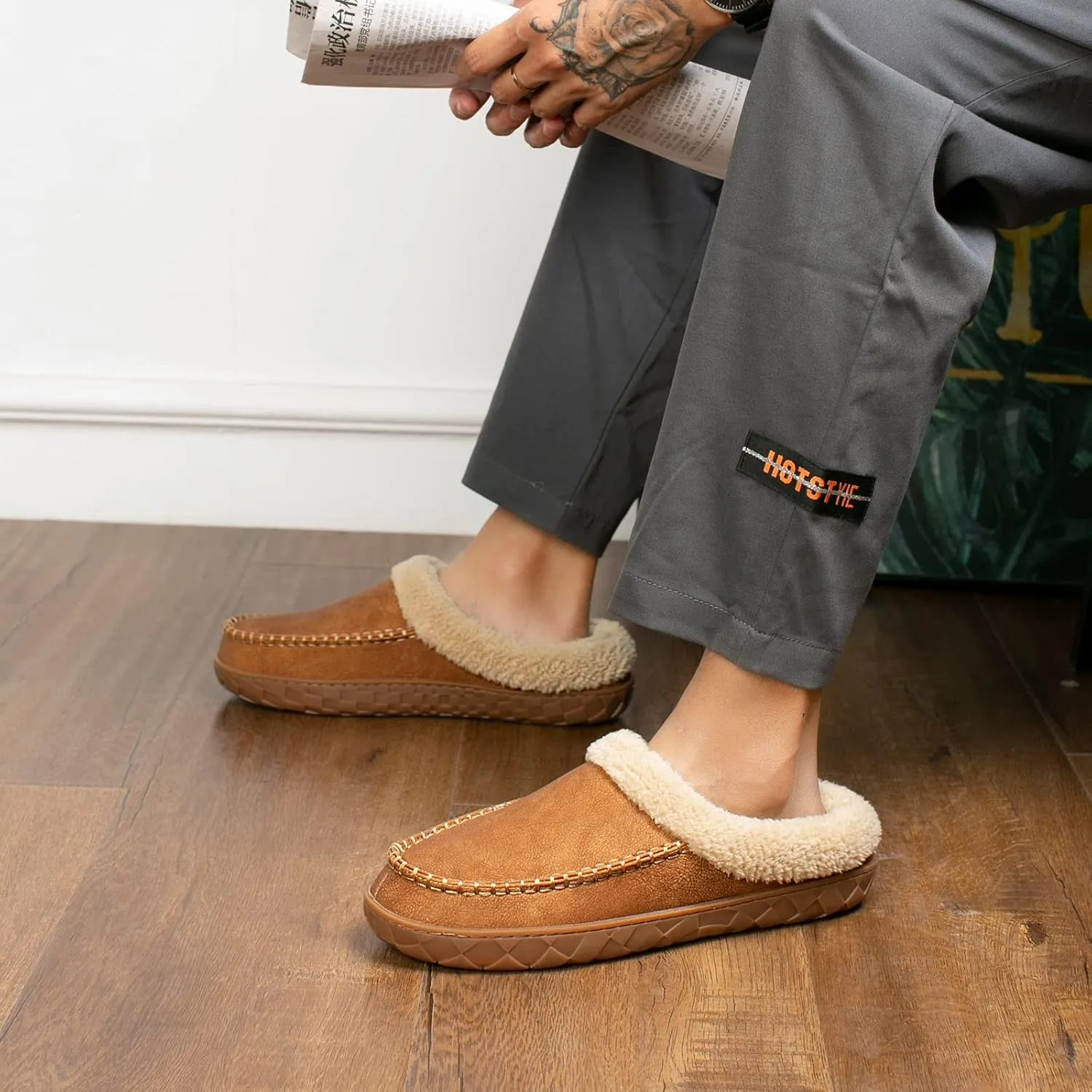 Ranberone Men's Slippers Microsuede Upper Moccasin House Shoes with Fuzzy Plush Lining Indoor and Outdoor